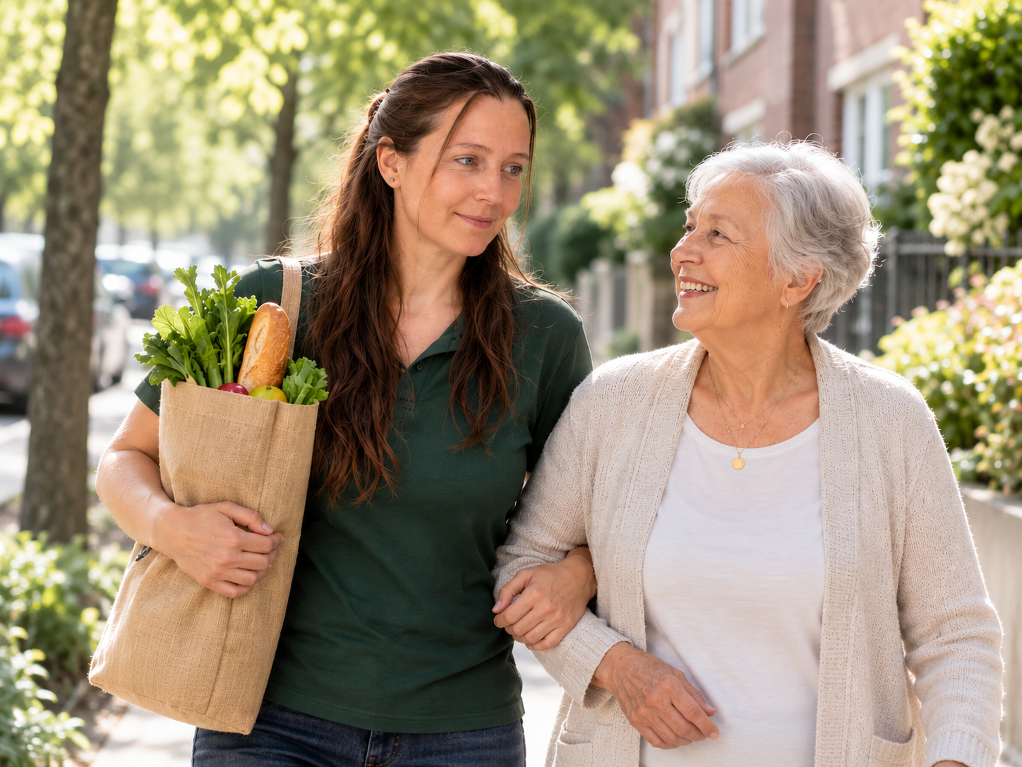 Alltagshilfe trägt Einkaufstaschen und begleitet eine Seniorin auf dem Heimweg