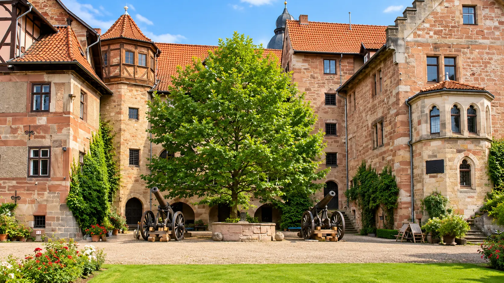 Innenhof eines historischen Schlosses in Herleshausen