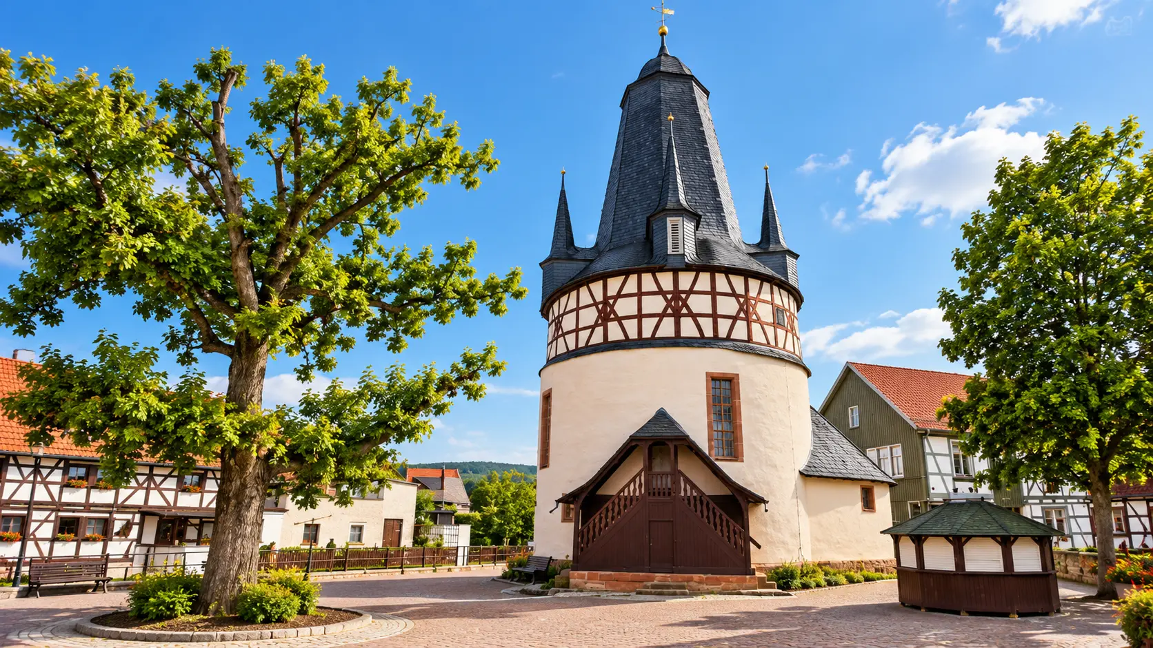 Historischer Rundbau mit Fachwerk am Schlossplatz in Gerstungen