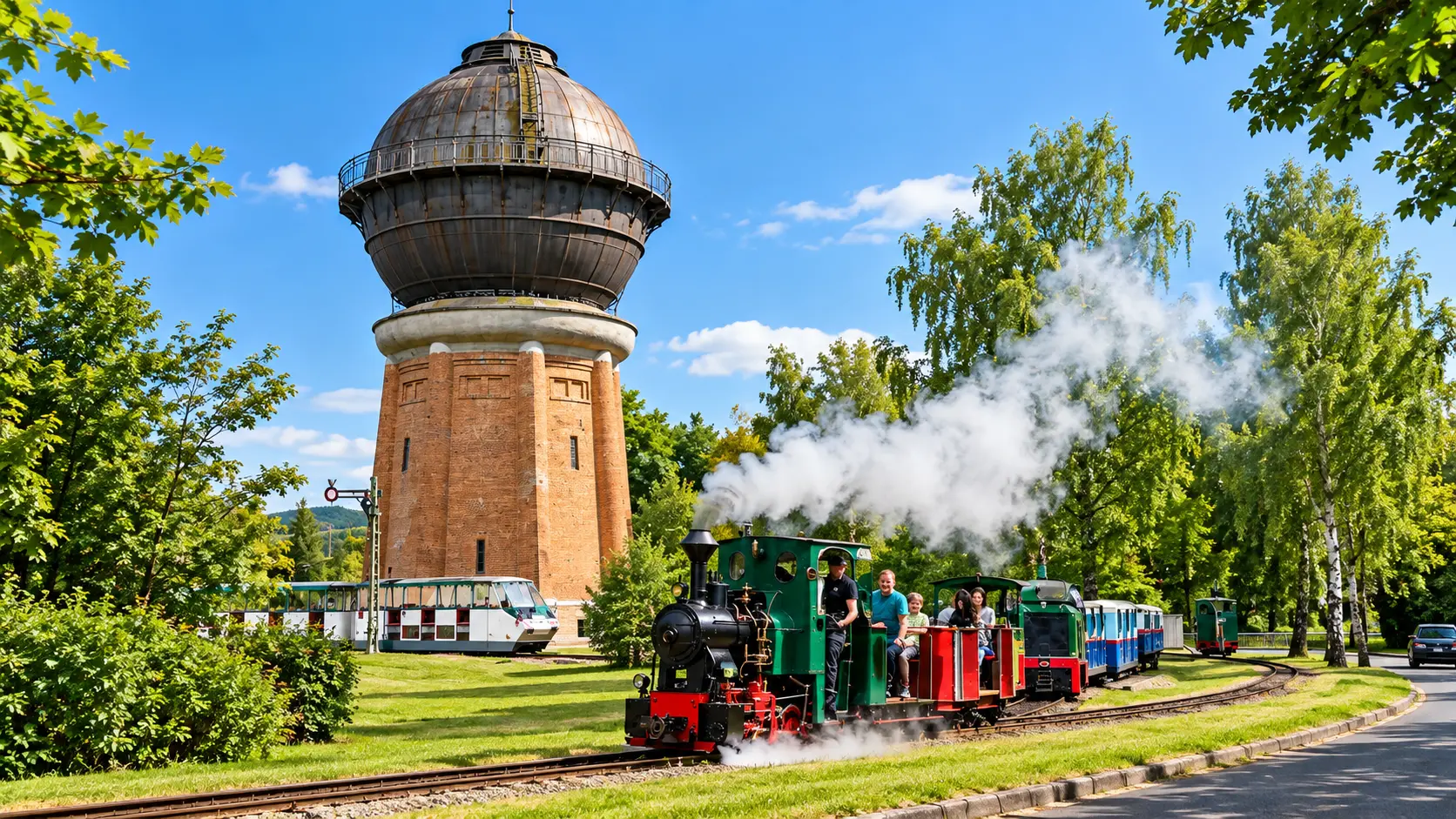 Historischer Wasserturm und Eisenbahn im Erlebnispark in Bebra