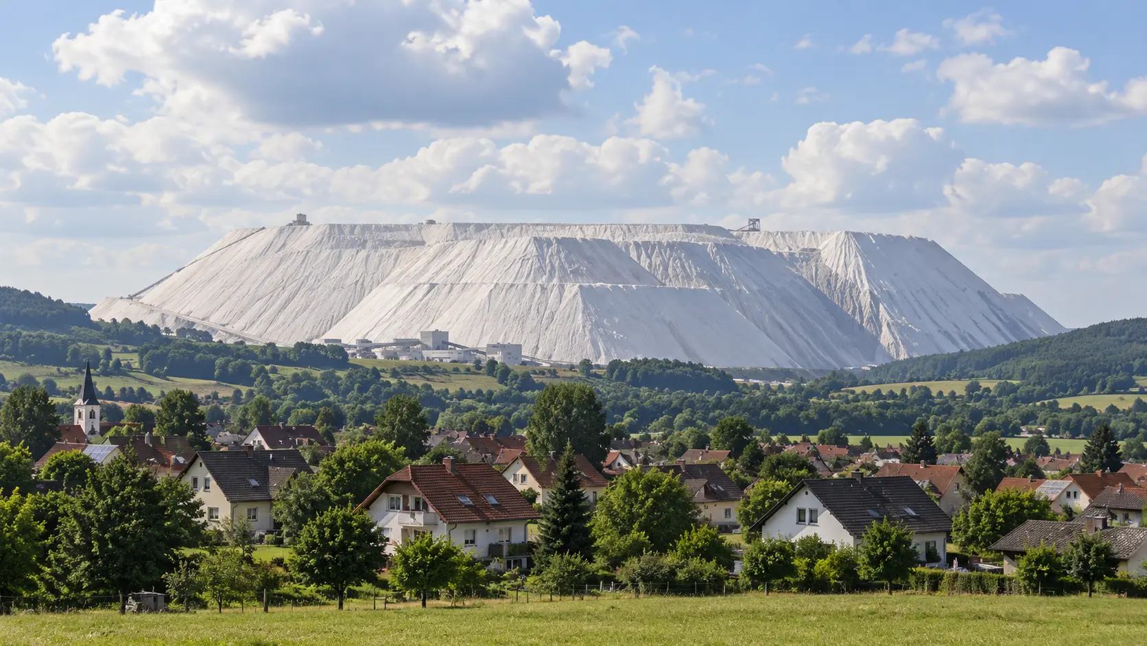 Blick über Heringen auf die markante Kalihalde Monte Kali