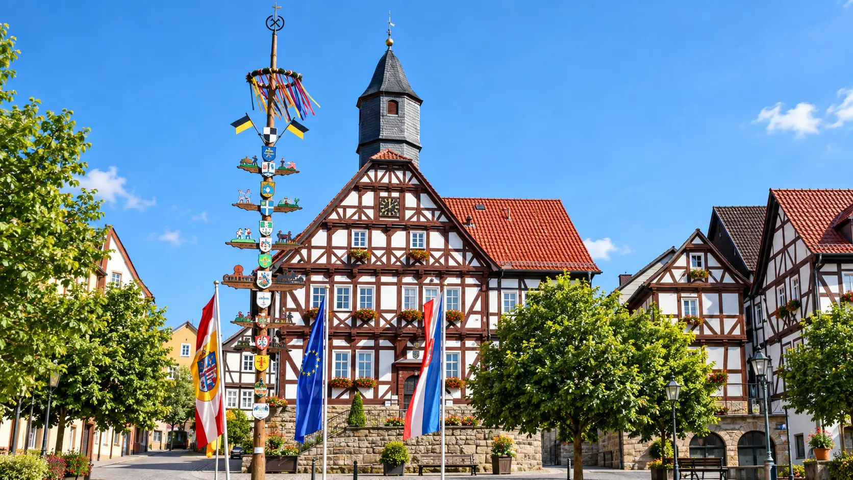Historisches Fachwerk-Rathaus und Maibaum in der Innenstadt von Sontra