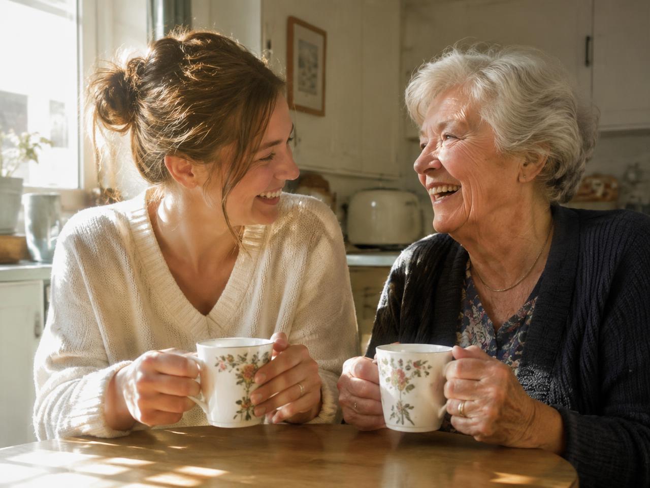 Alltagshilfe und Seniorin trinken gemeinsam Tee und lachen