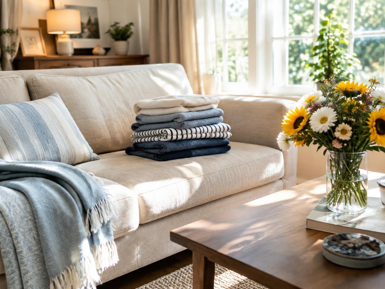 Gepflegtes helles Wohnzimmer mit frischer Wäsche und Blumen