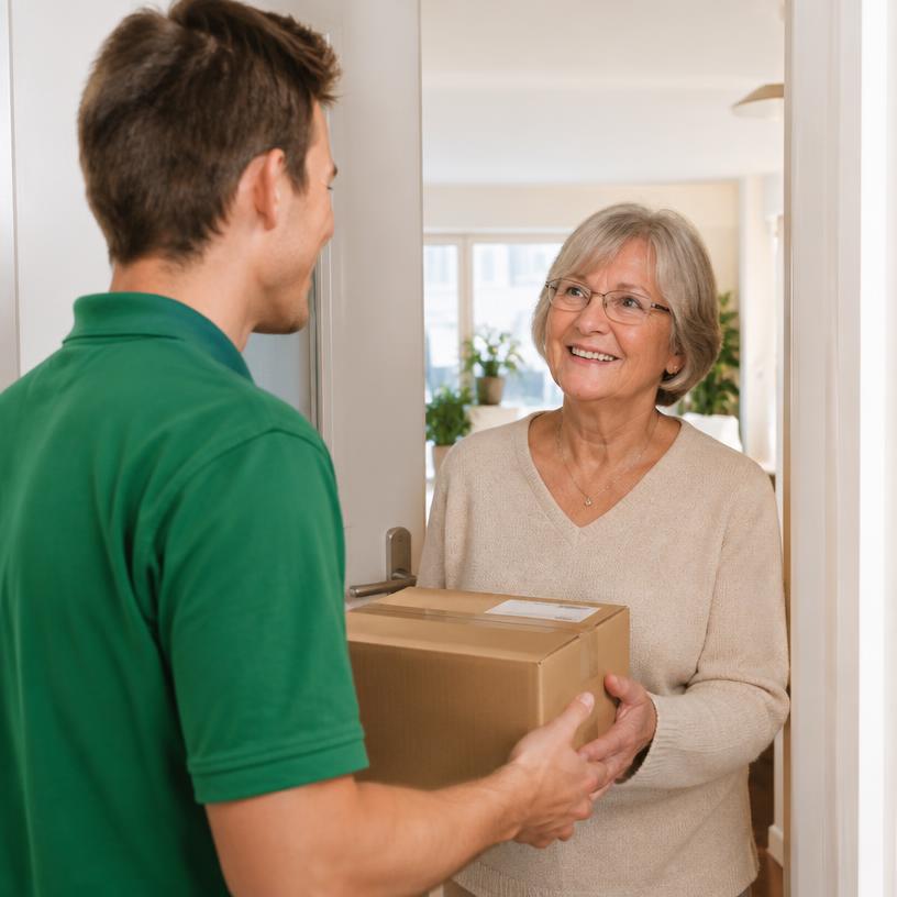 Alltagshilfe übergibt einer Seniorin ein Paket an der Wohnungstür
