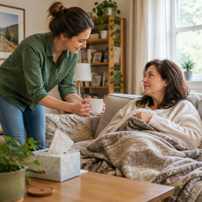Alltagshilfe bringt einer erkrankten Frau eine Tasse Tee ans Sofa