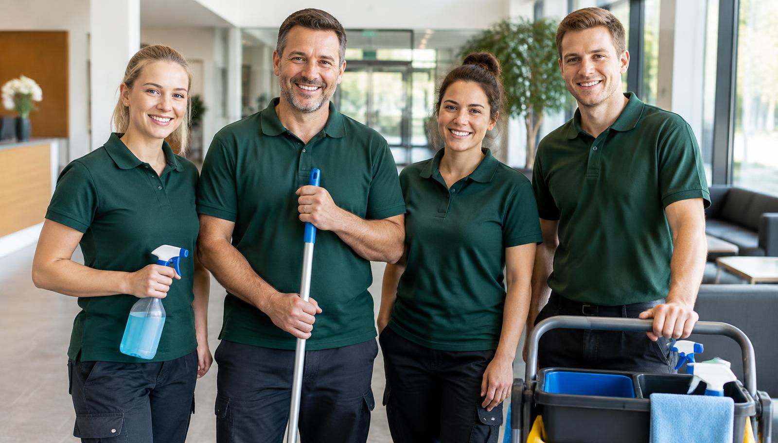 Team von Daily Plus in grüner Arbeitskleidung in einem hellen Eingangsbereich