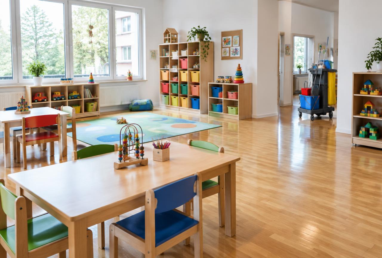 Frisch gereinigter, heller Gruppenraum einer Kita mit Kindertischen, Spielzeugregalen und glänzendem Holzboden