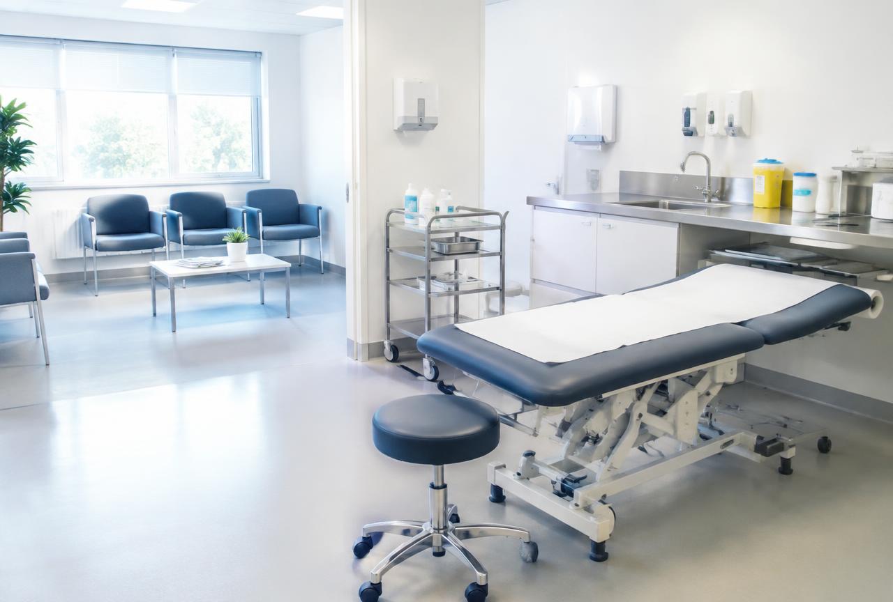 Hygienisch gereinigter Behandlungsraum einer Arztpraxis mit Liege, Edelstahlarbeitsfläche und Wartebereich