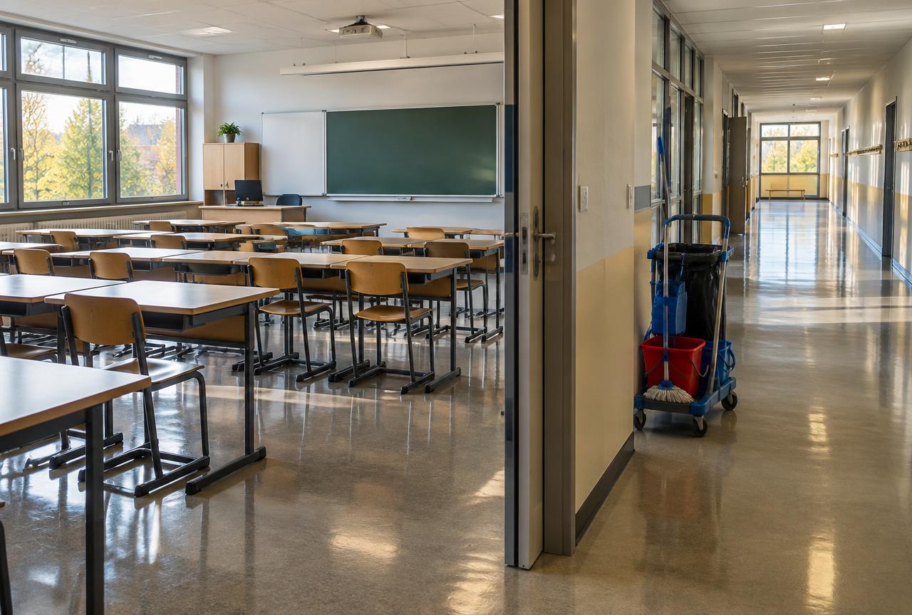 Sauberes Klassenzimmer mit Schulbänken und frisch gewischter, glänzender Flurboden mit Reinigungswagen