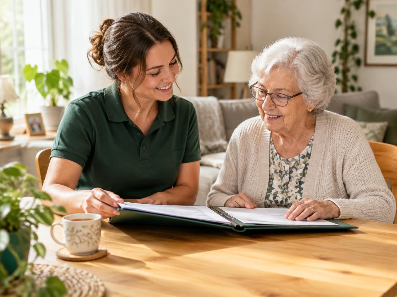 Mitarbeiterin von Daily Plus erklärt einer Seniorin Unterlagen im eigenen Zuhause