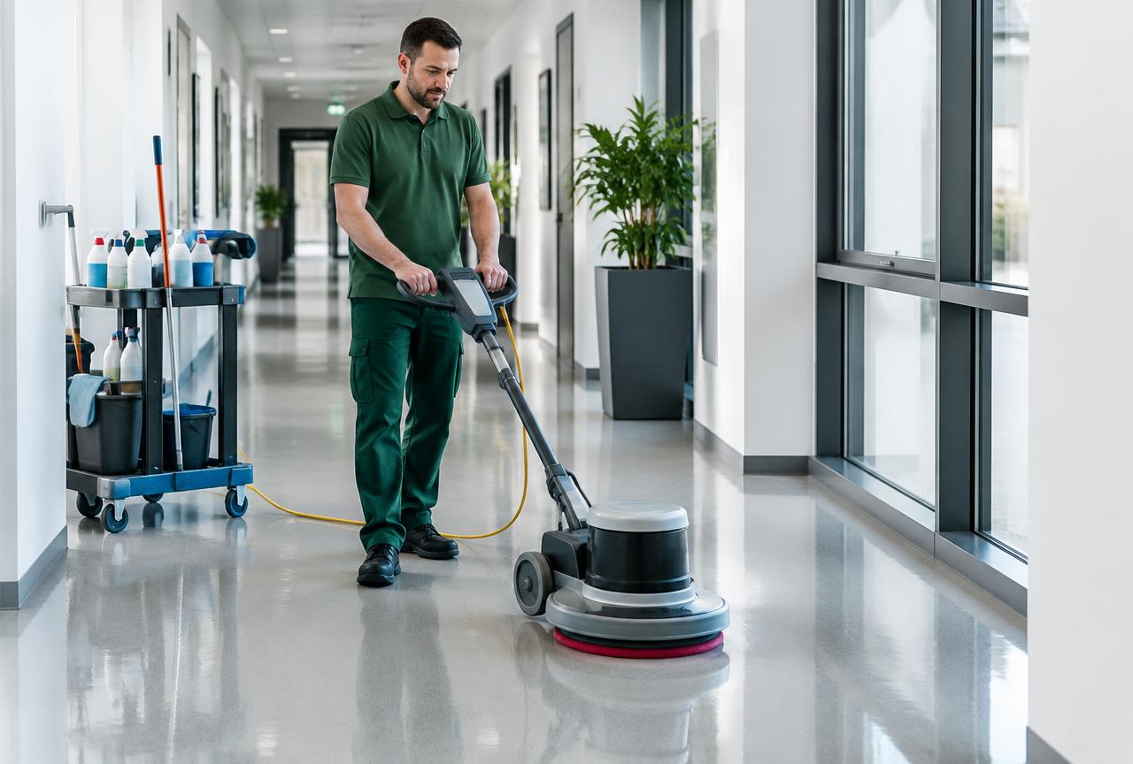 Mitarbeiter bearbeitet einen glänzenden Büroboden mit einer Einscheibenmaschine